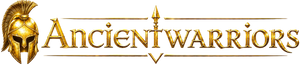 Logo for 'Ancient Warriors' featuring a Spartan helmet and gold text.